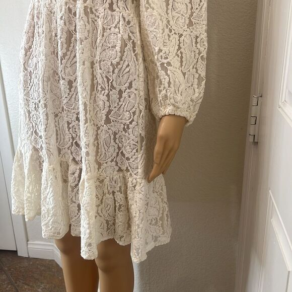 Zara White Cream Lace Mini Dress Size Small Scoop Neck Long Sleeve Ruffles - Picture 4 of 9